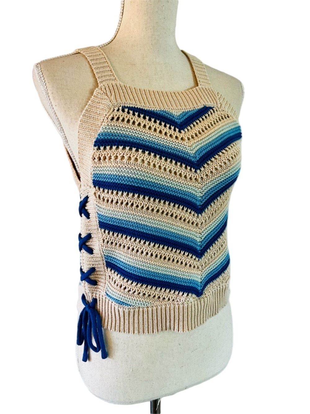 BCBGeneration Festival Crochet Top Lace-up Sides Cream and Blue Knit Size Small